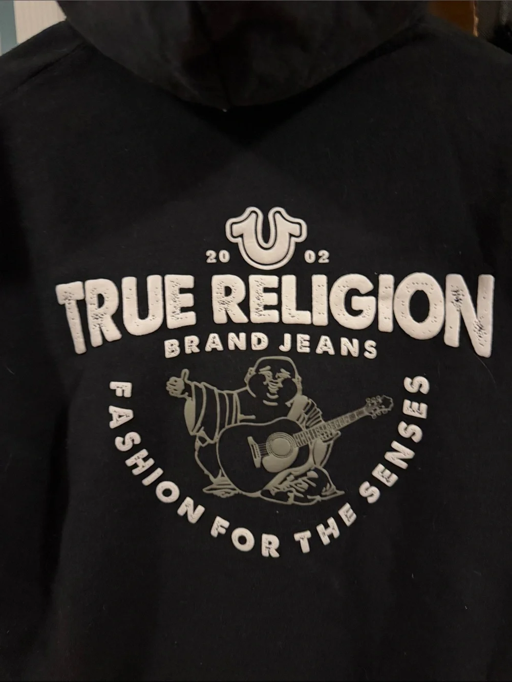 True Religion Men’s Black Zip Up Hoodie with White Logo Print